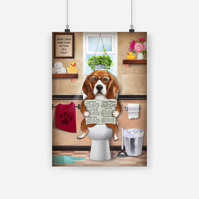 Bathroom wall art beagle dog sitting on toilet and reading poster 1