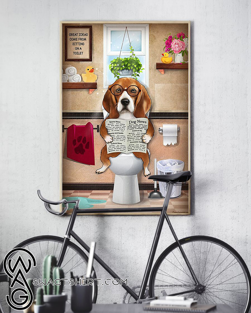 Bathroom wall art beagle dog sitting on toilet and reading poster