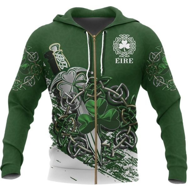 Ireland celtic shamrock and sword st patrick's day full printing zip hoodie