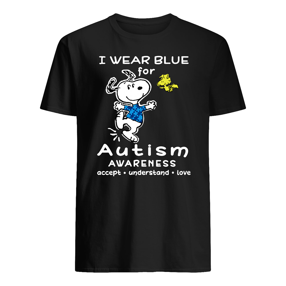Snoopy i wear blue for autism awareness mens shirt