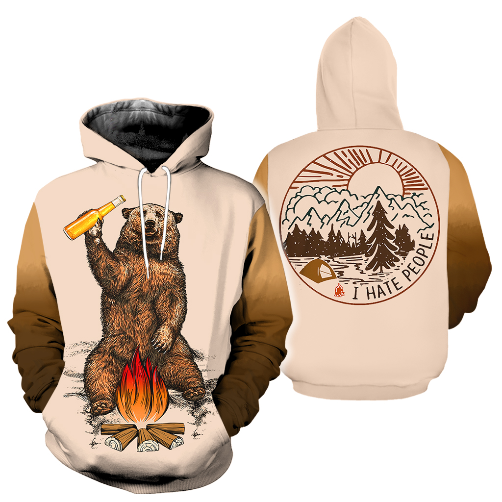 Camping bear i hate people full over printed hoodie