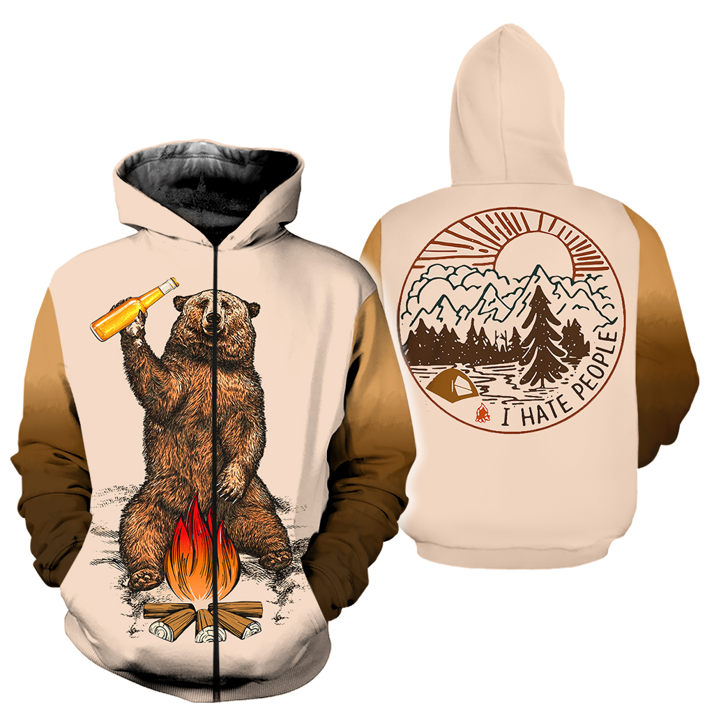 Camping bear i hate people full over printed zip hoodie