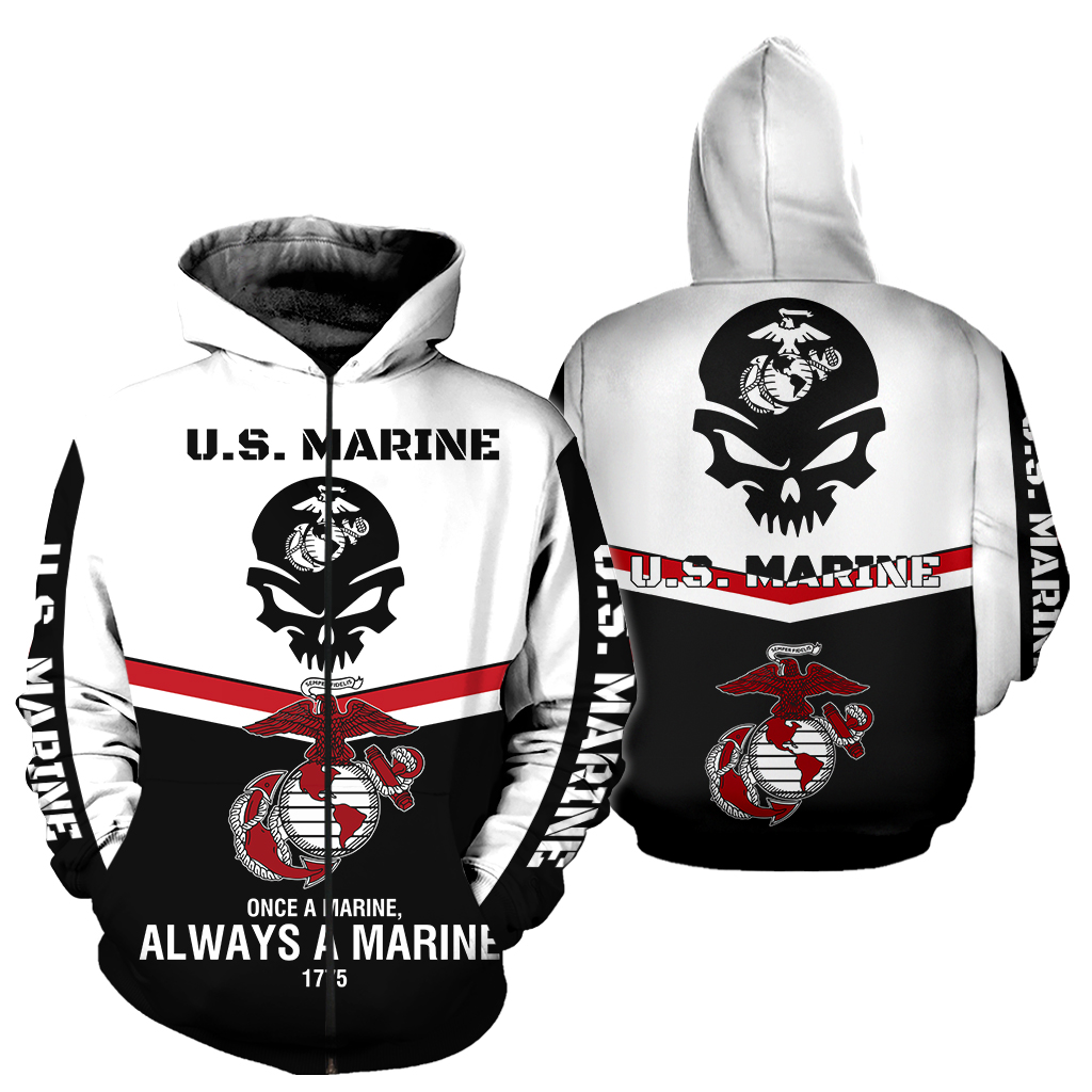 Skull once a marine always a marine full over print zip hoodie