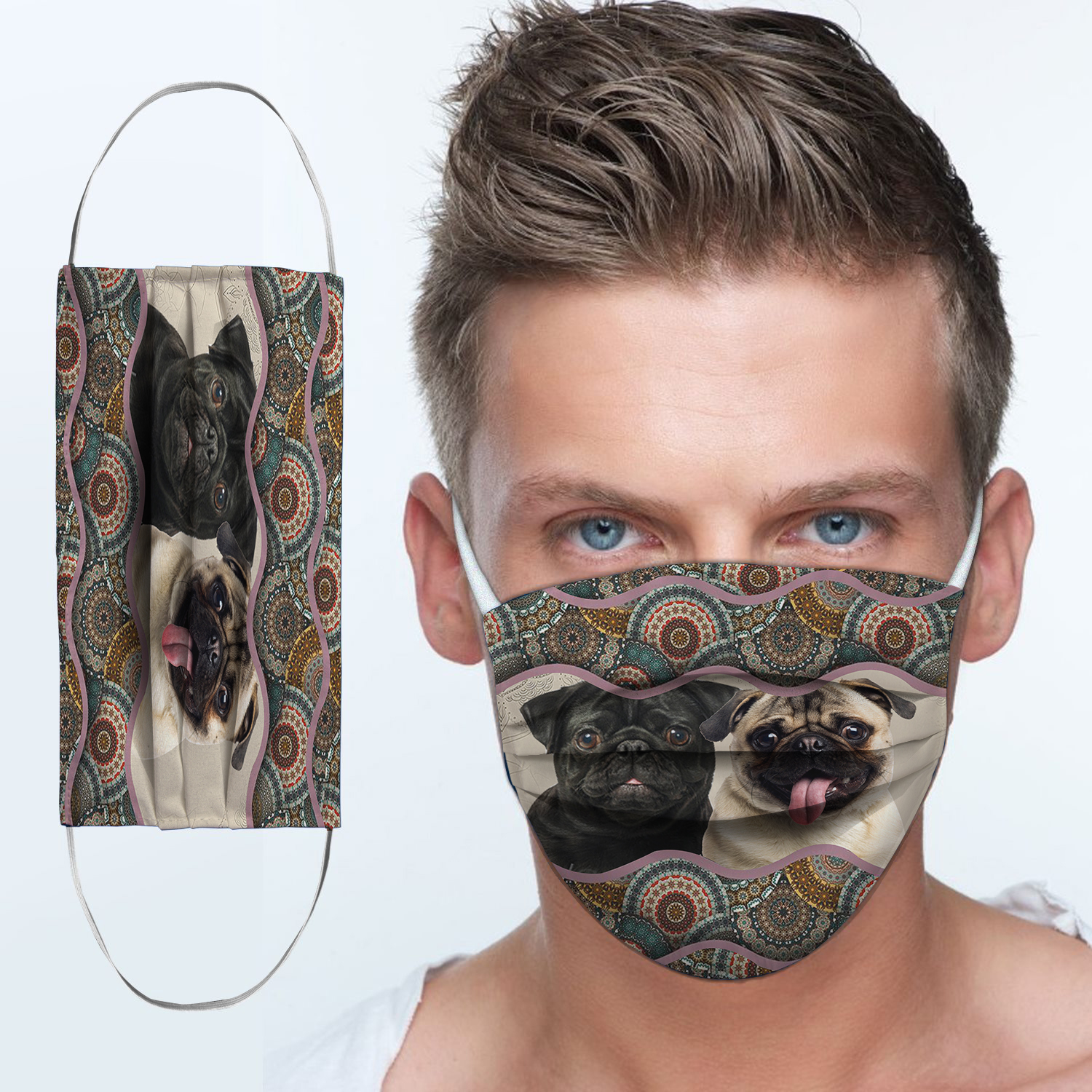 Pug dog boho pattern anti-dust cotton face mask 2