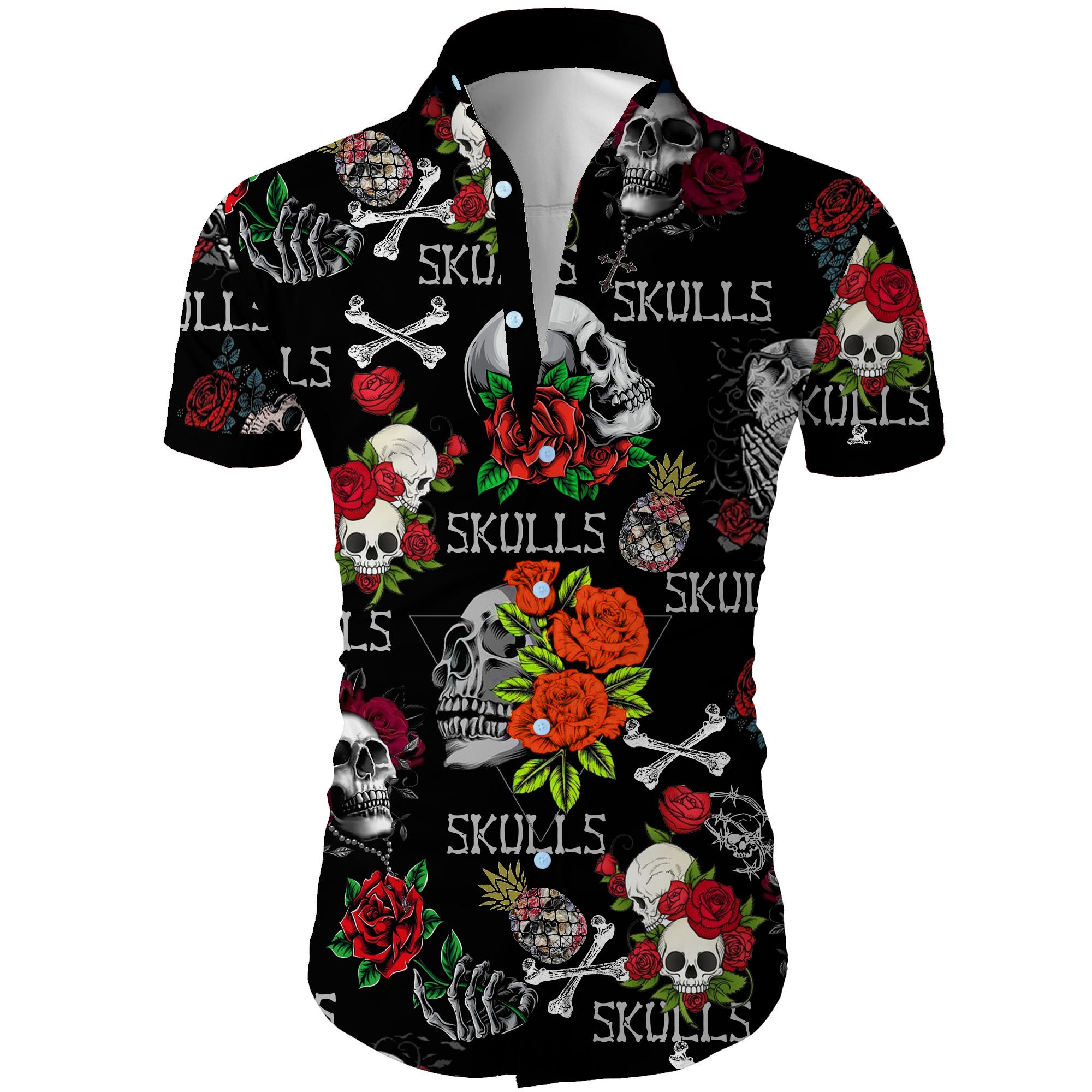 Skull and roses all over printed hawaiian shirt 1