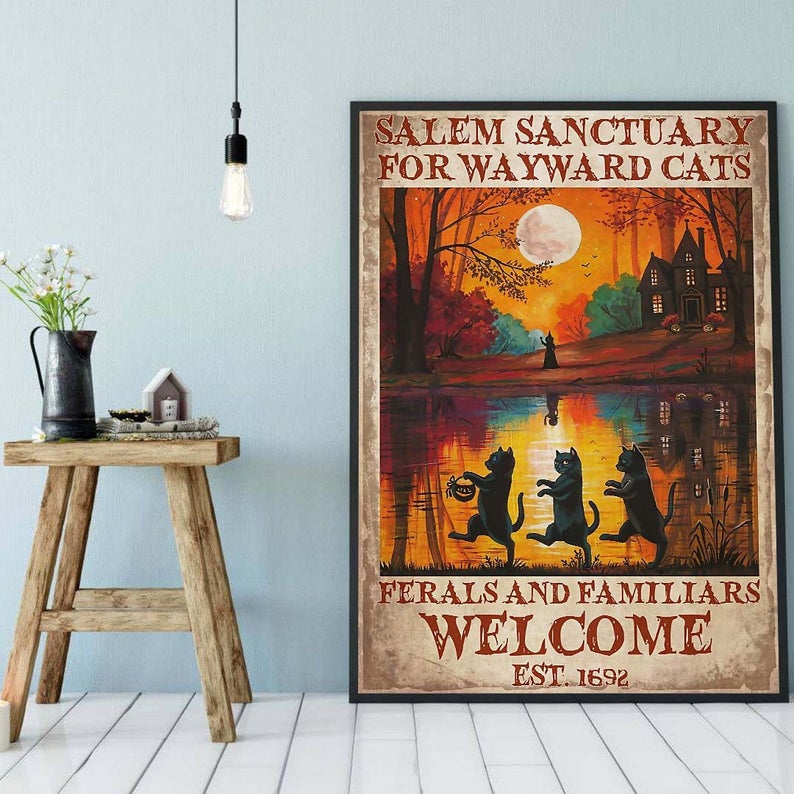Black cat salem sanctury for wayward cats feral and familiar halloween poster 3