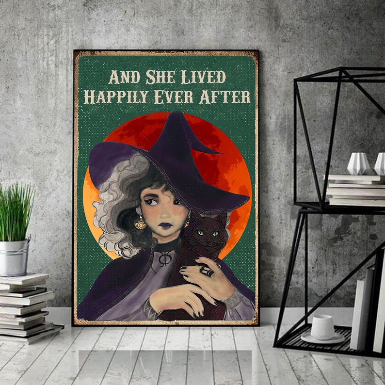 Witch and she lived happily ever after black cat vintage poster 2