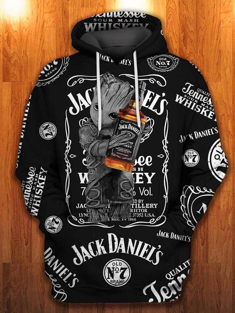 baby groot hugs jack daniels old no 7 tennessee whiskey all over printed shirt 1