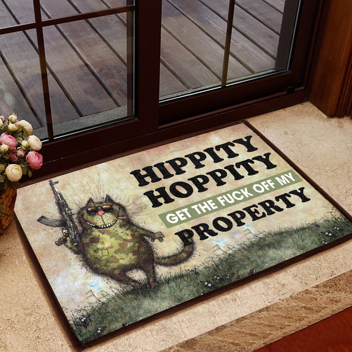 hippity hoppity get off our property cat doormat 1