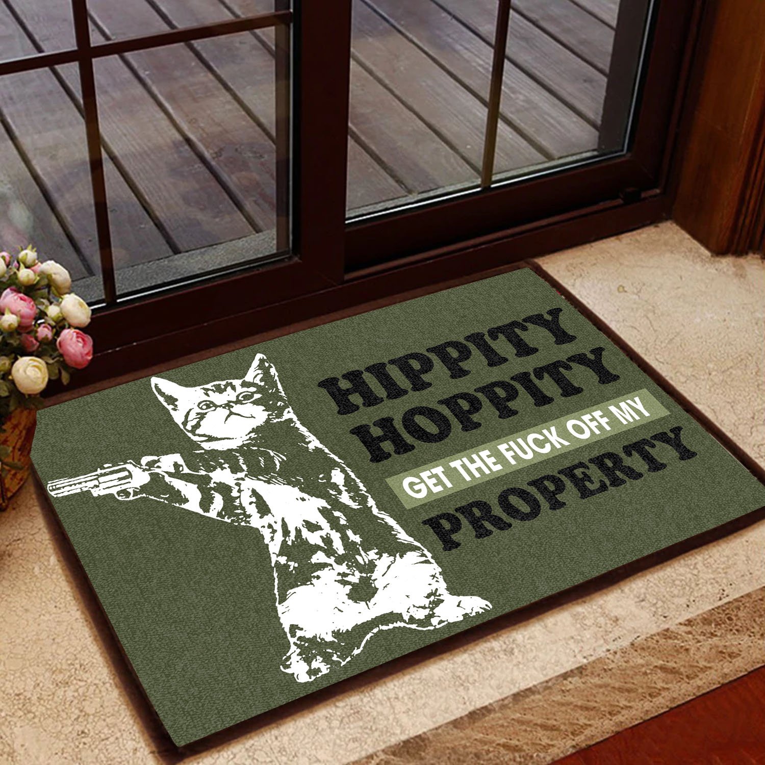 hippity hoppity get off our property cat with gun doormat 1