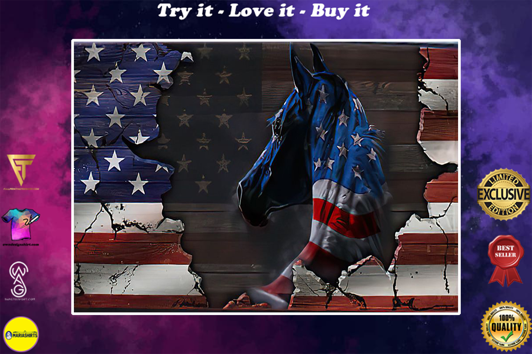 american flag and horse wall art poster