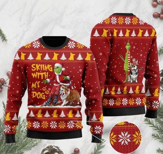 grinch and corgi skiing with my dog christmas ugly sweater 2 - Copy