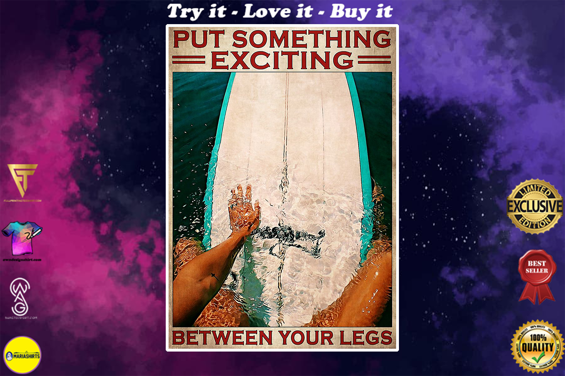 surfing put something exciting between your legs retro poster