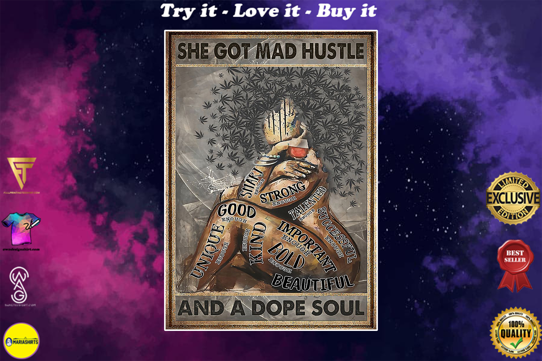 vintage black girl with wine and music she got mad hustle and a dope soul poster