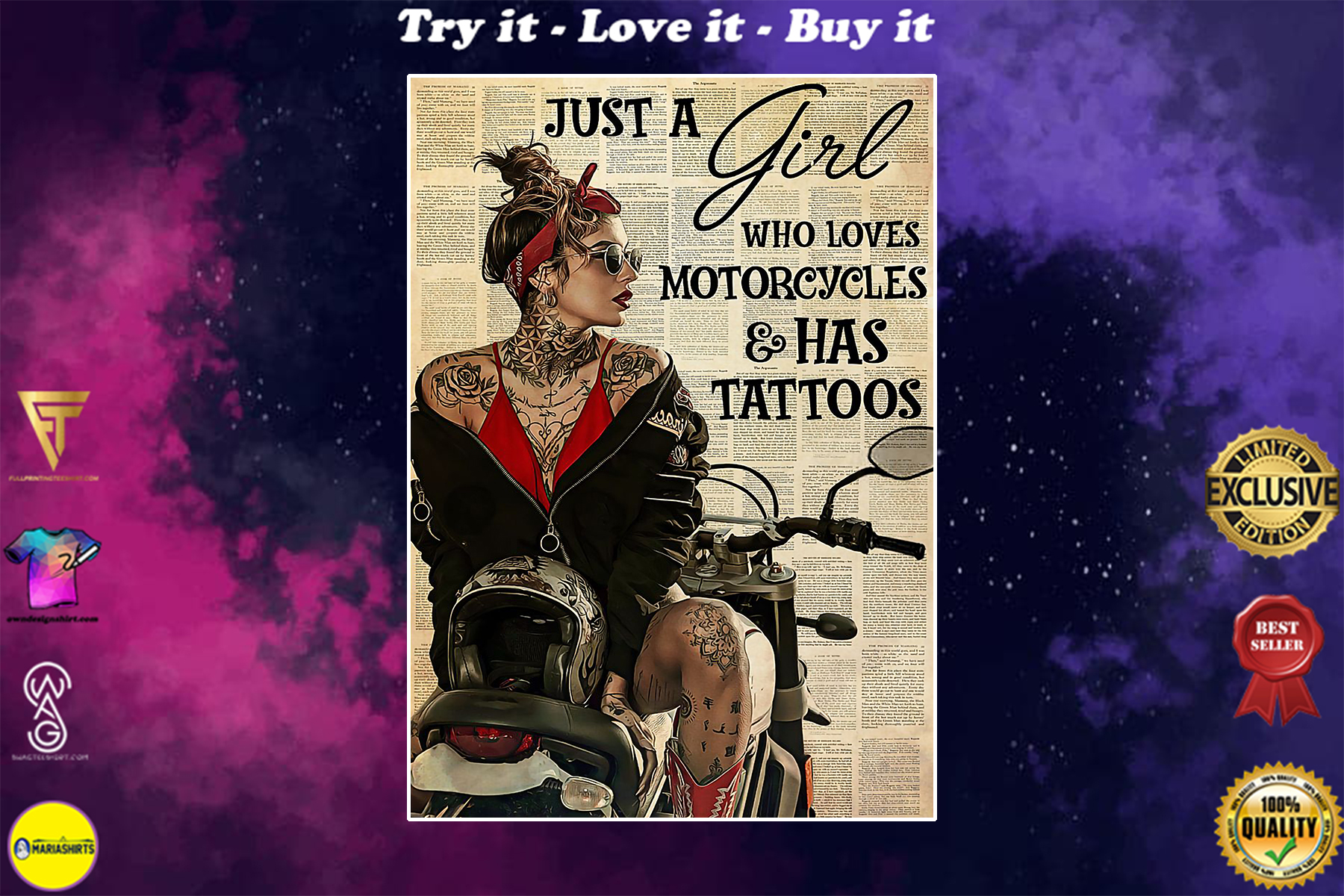 vintage just a girl who loves motorcycles and has tattoos poster