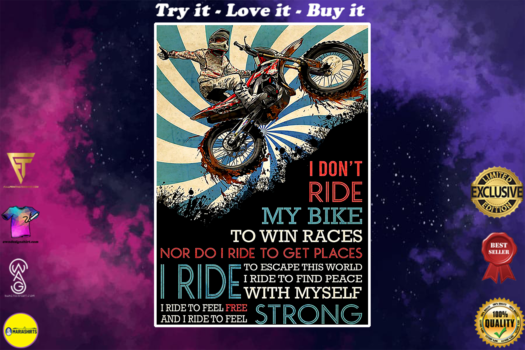 vintage motocross i dont ride my bike to win races nor do i ride to get places poster