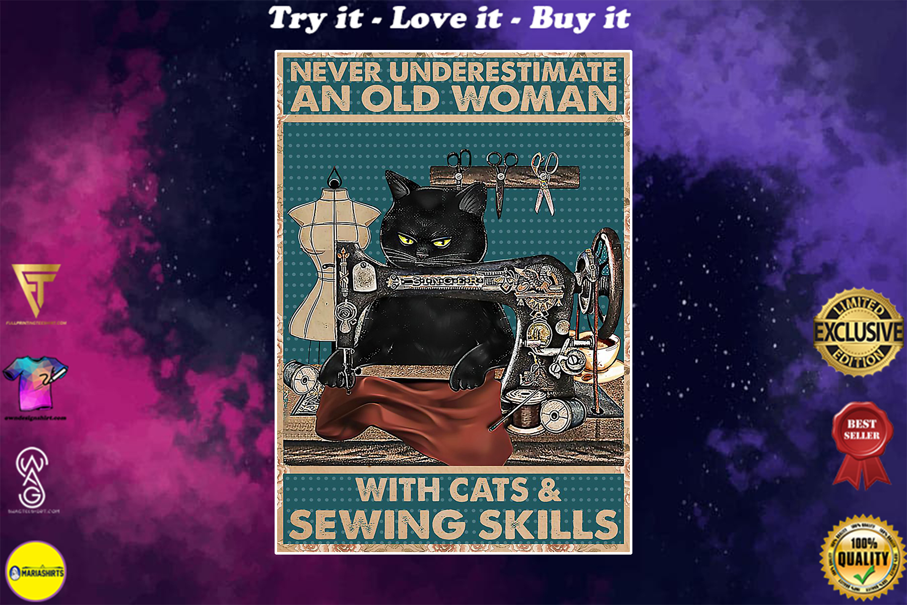 vintage you never underestimate an old woman with cats and sewing skills poster