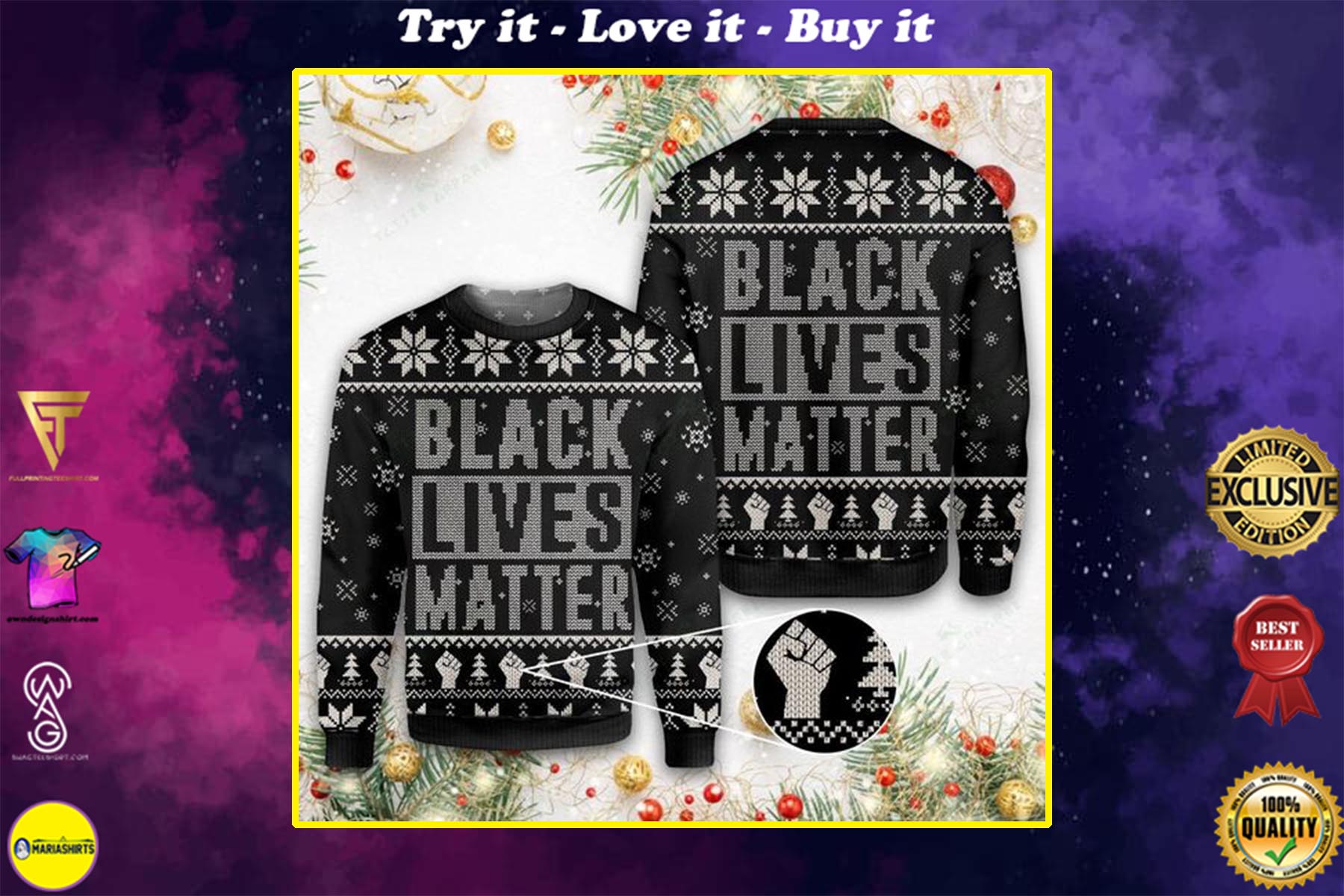 black lives matter all over printed ugly christmas sweater