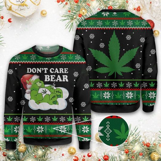 christmas weed dont care bear all over printed ugly christmas sweater 1