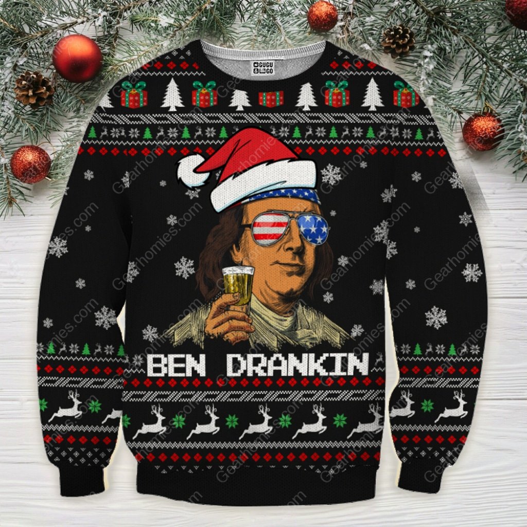 patriotic ben drankin santa claus all over printed ugly christmas sweater 1