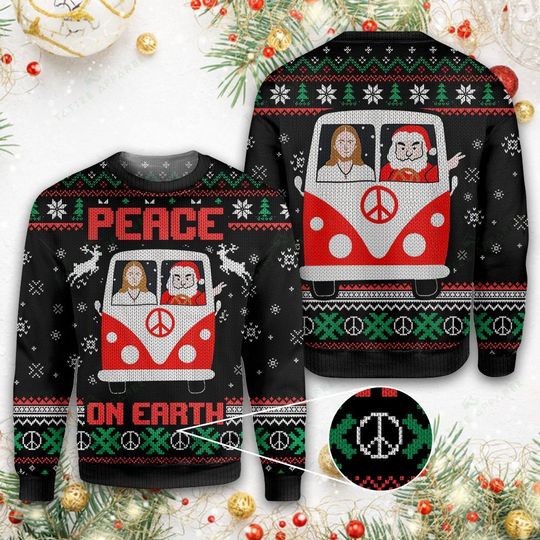santa and Jesus peace on earth all over printed ugly christmas sweater 1