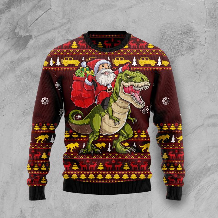 santa and dinosaur all over printed ugly christmas sweater 2