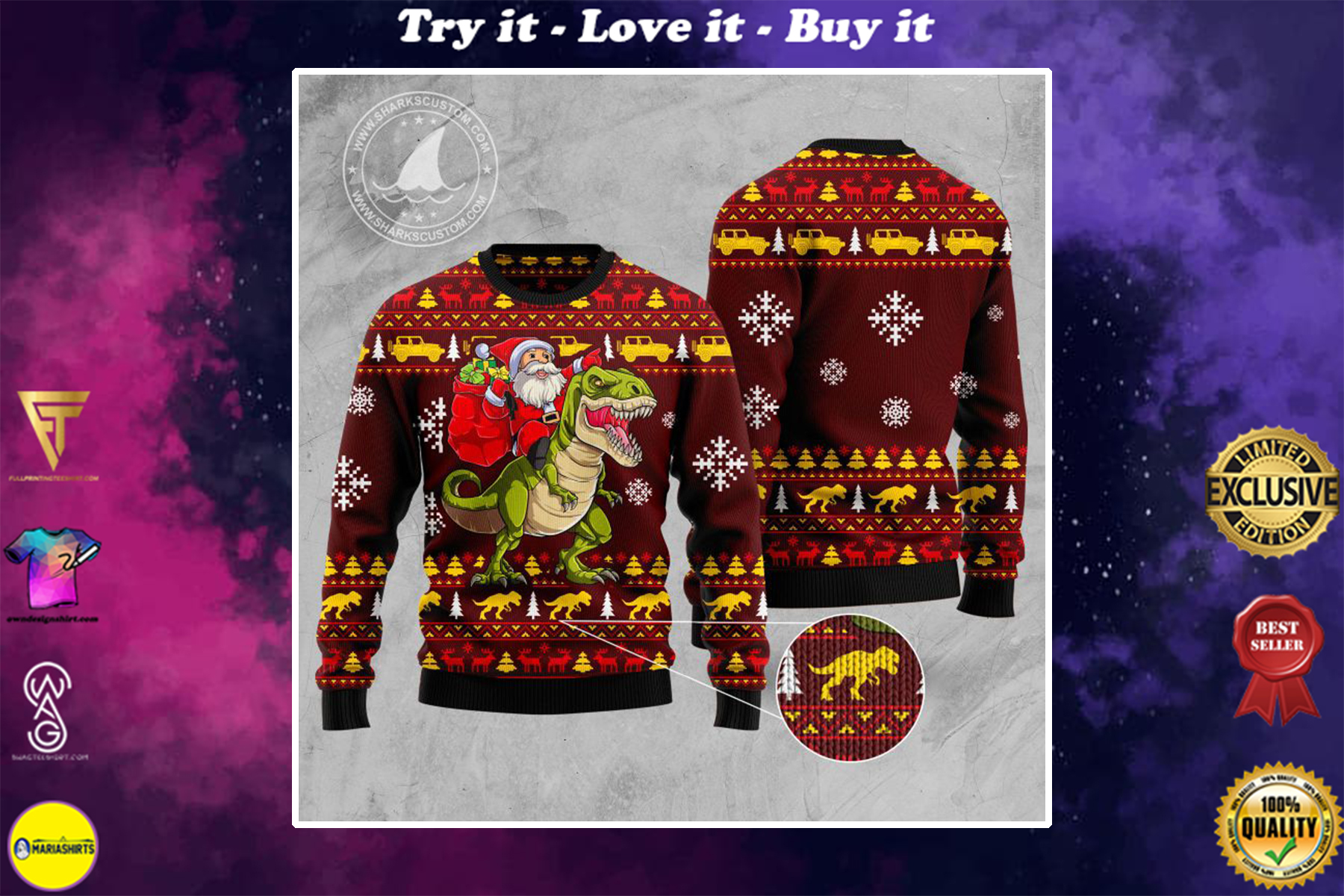 santa and dinosaur all over printed ugly christmas sweater