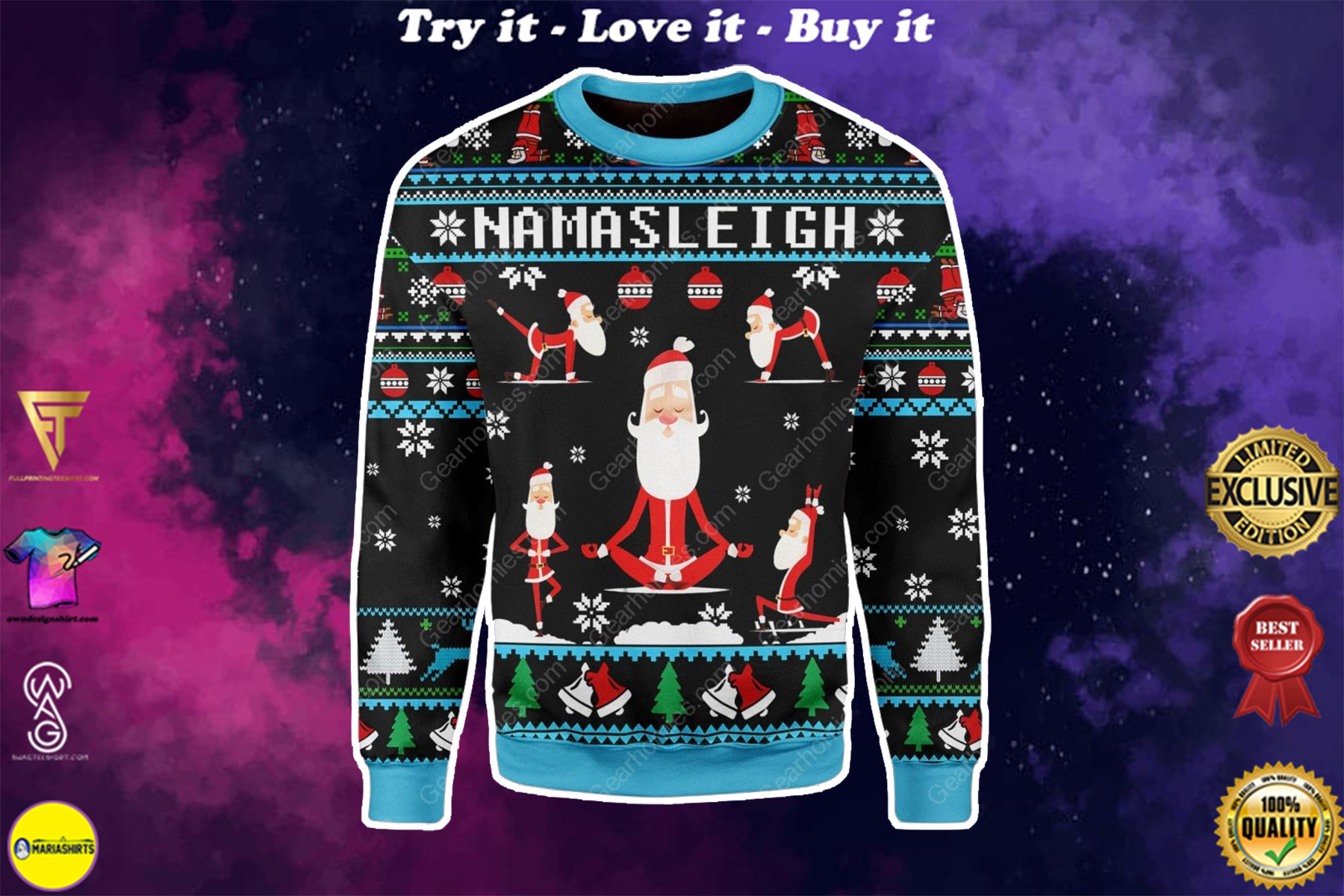 santa namasleigh all over printed ugly christmas sweater