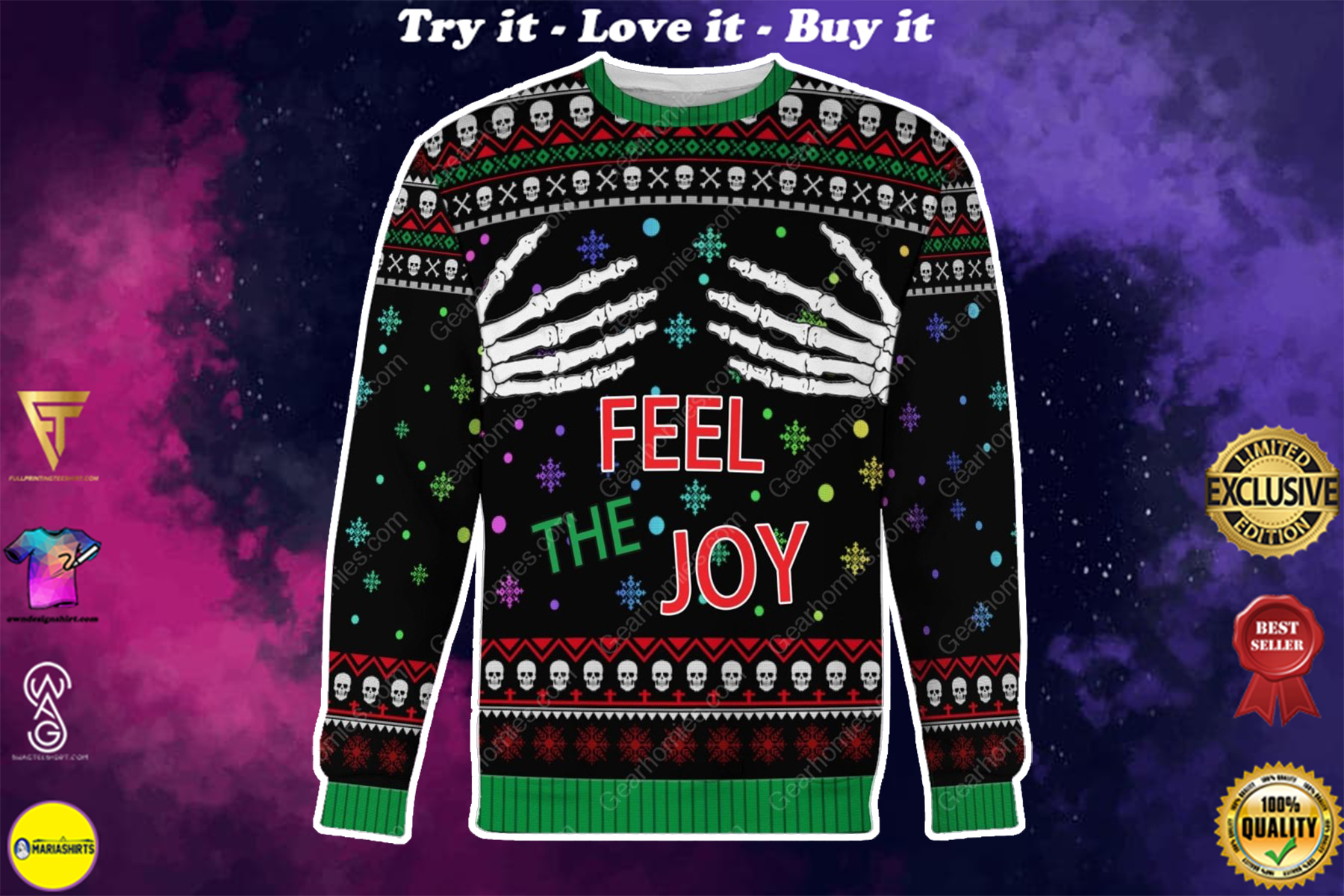 skull feel the joy all over printed ugly christmas sweater