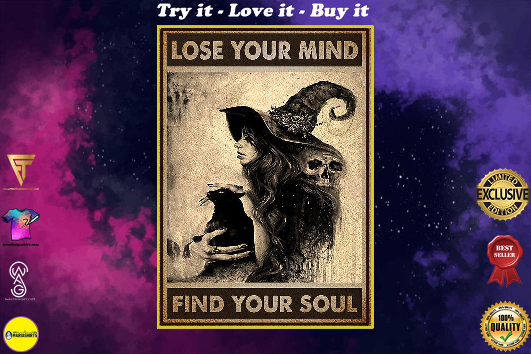 vintage black cat and witch lose your mind find your soul poster