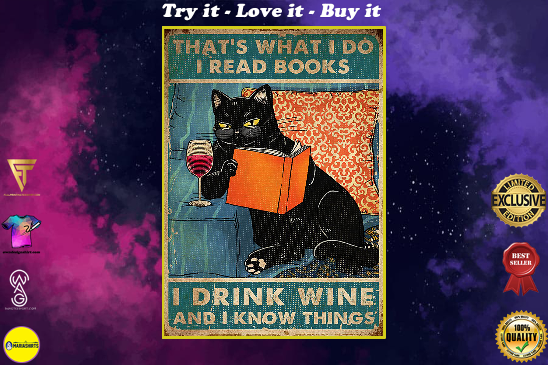 vintage black cat thats what i do i read books i drink wine and i know things poster