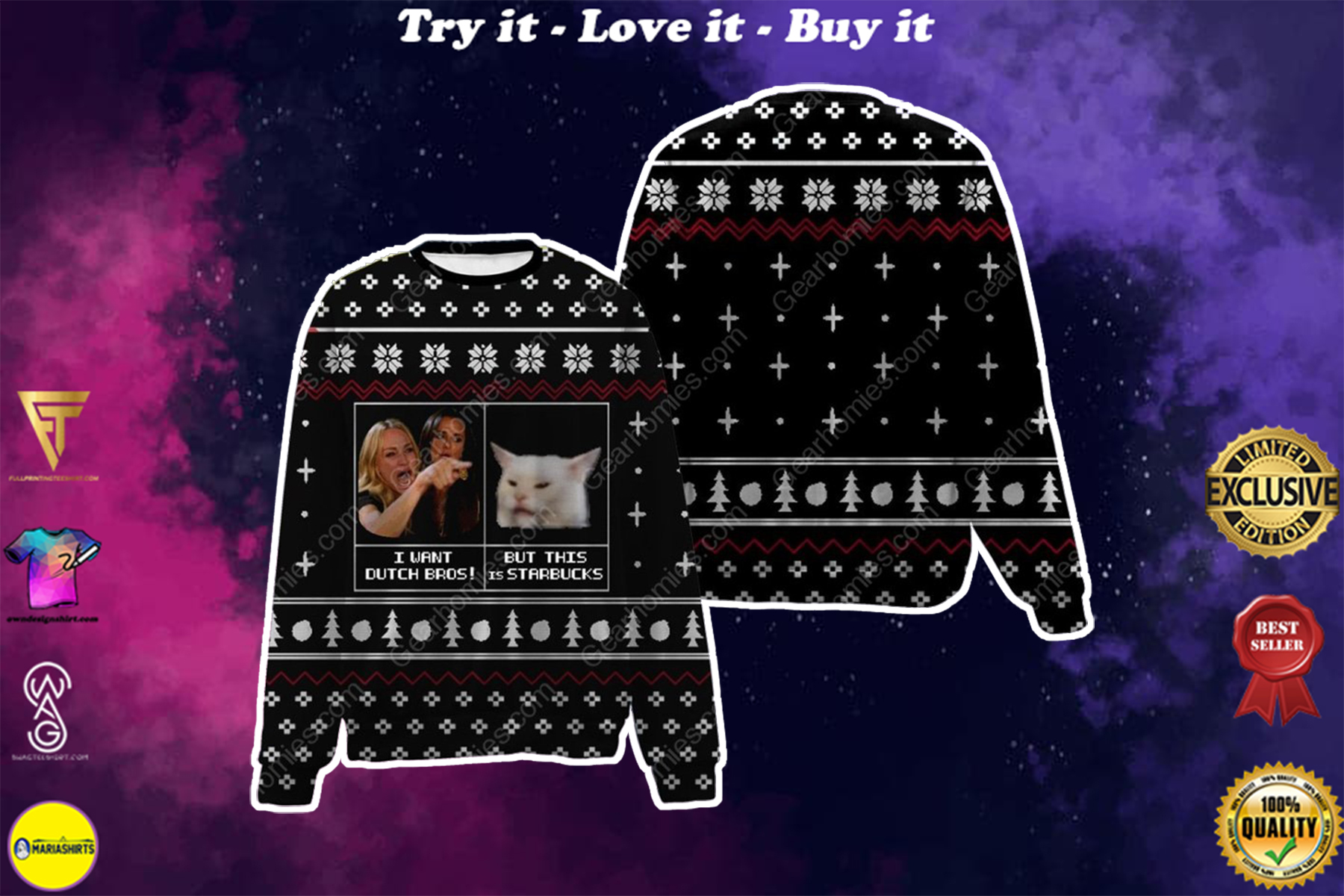 woman yelling at a cat all over printed ugly christmas sweater