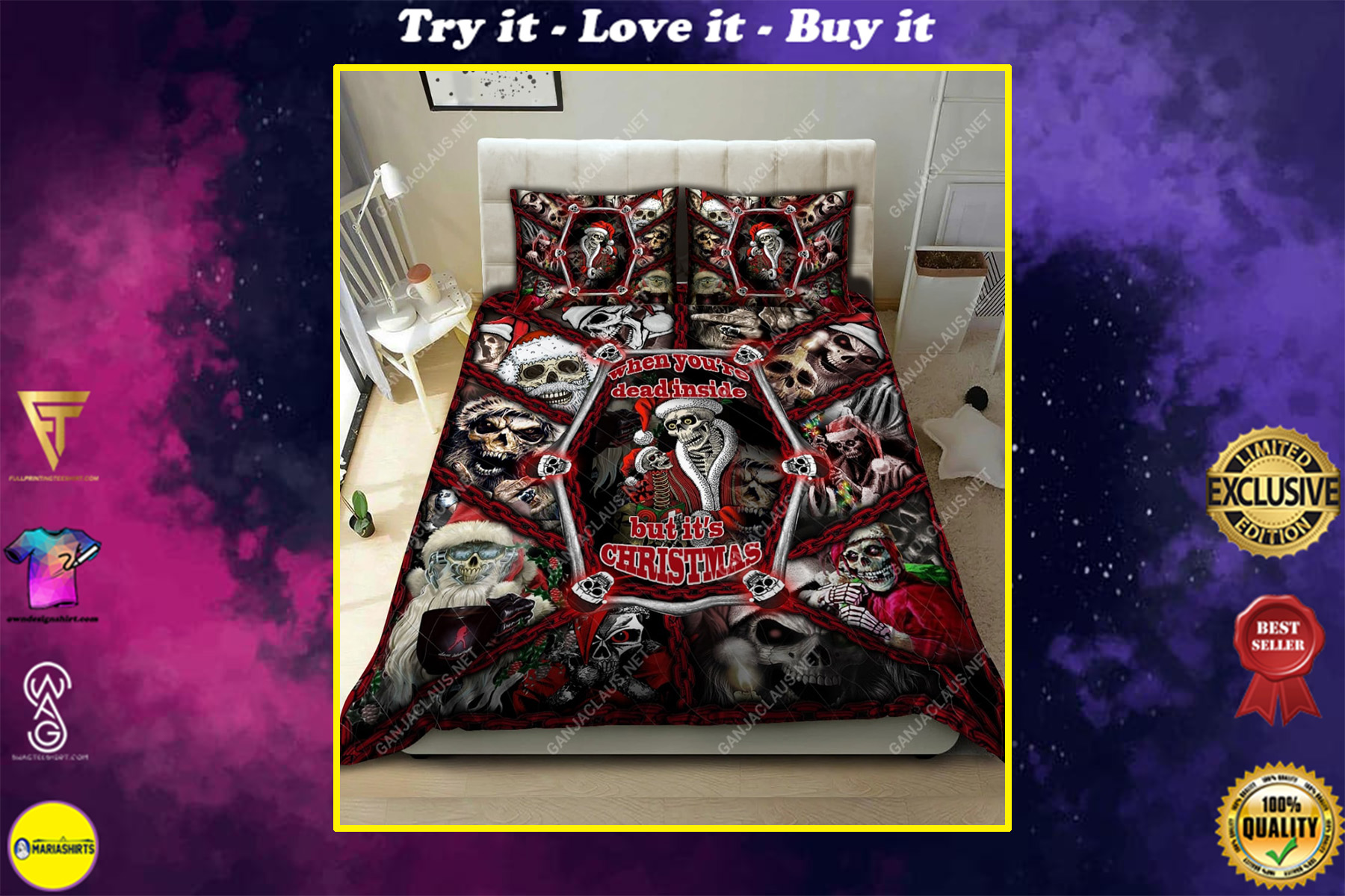 skull when youre dead inside but its christmas full printing bedding set