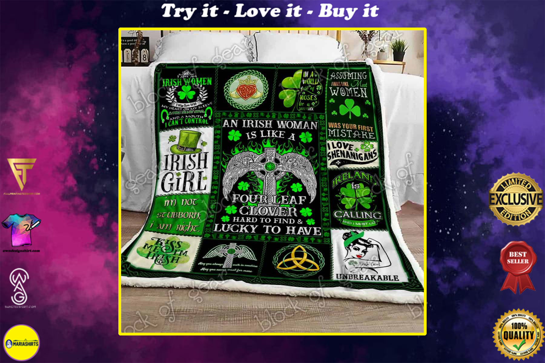 st patricks day an irish woman is like a four leaf clover all over printed blanket