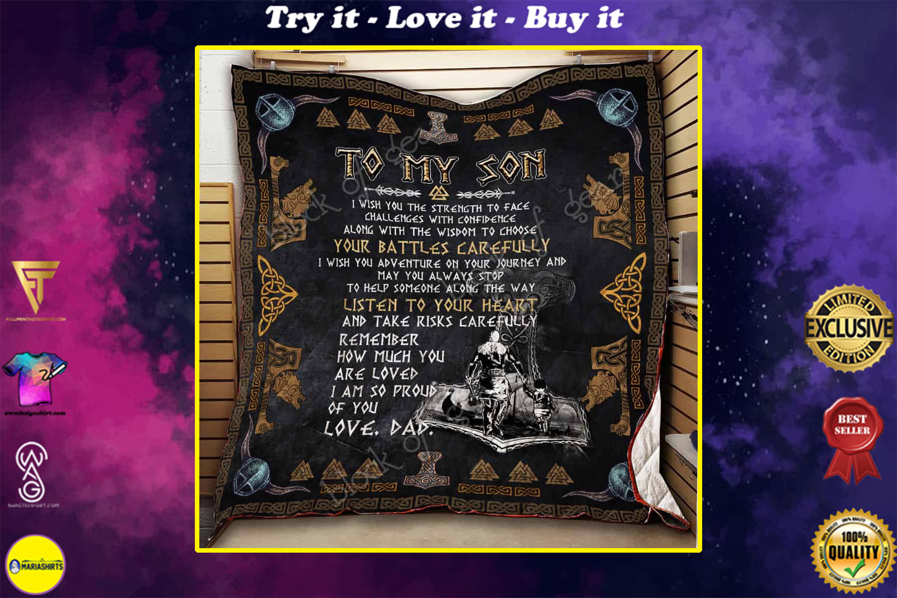 viking to my son listen to your heart love dad all over printed quilt