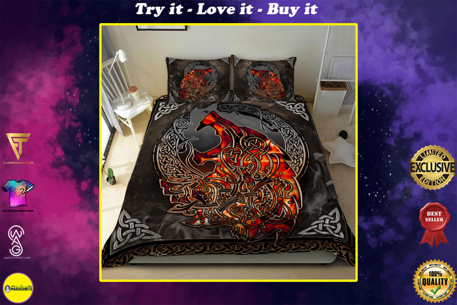 viking wolf in fire all over printed bedding set