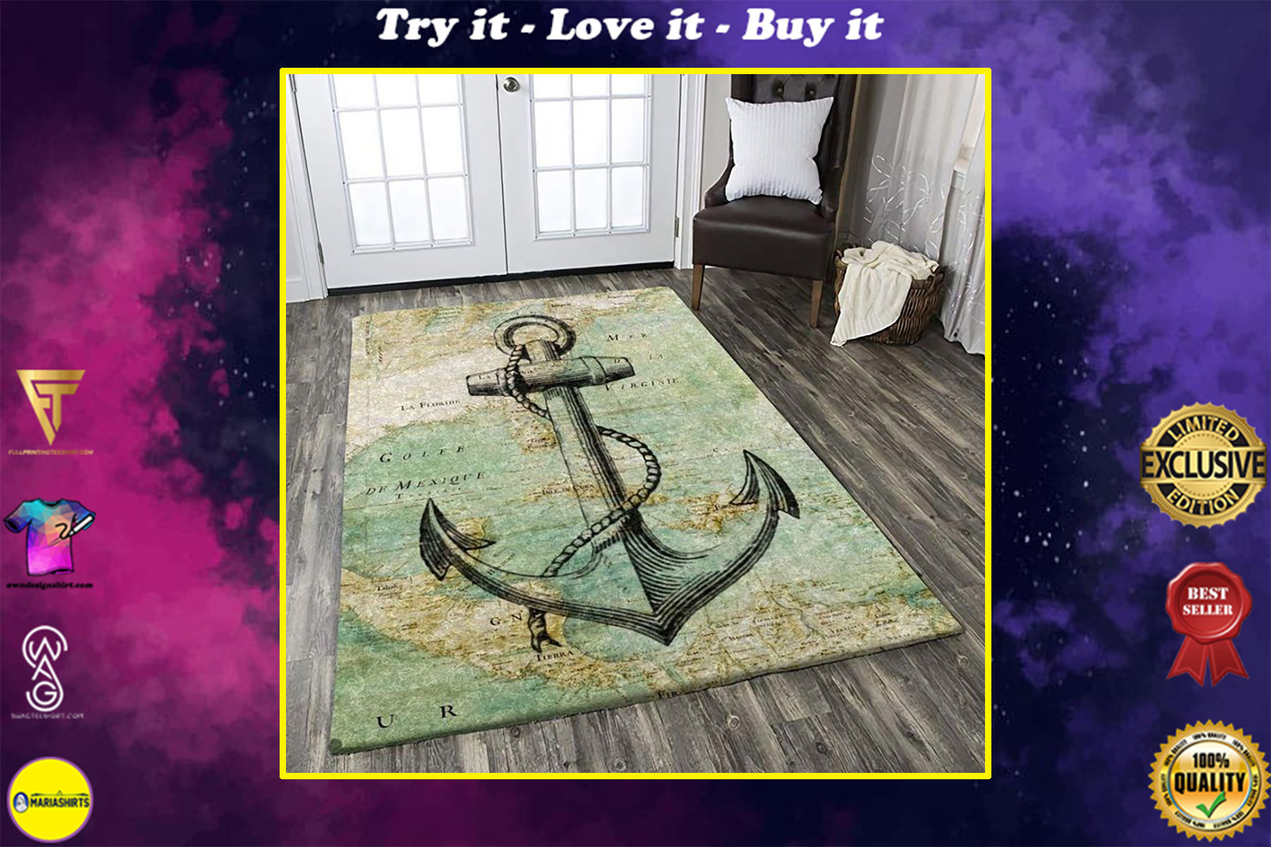 vintage anchor and ocean map all over printed rug