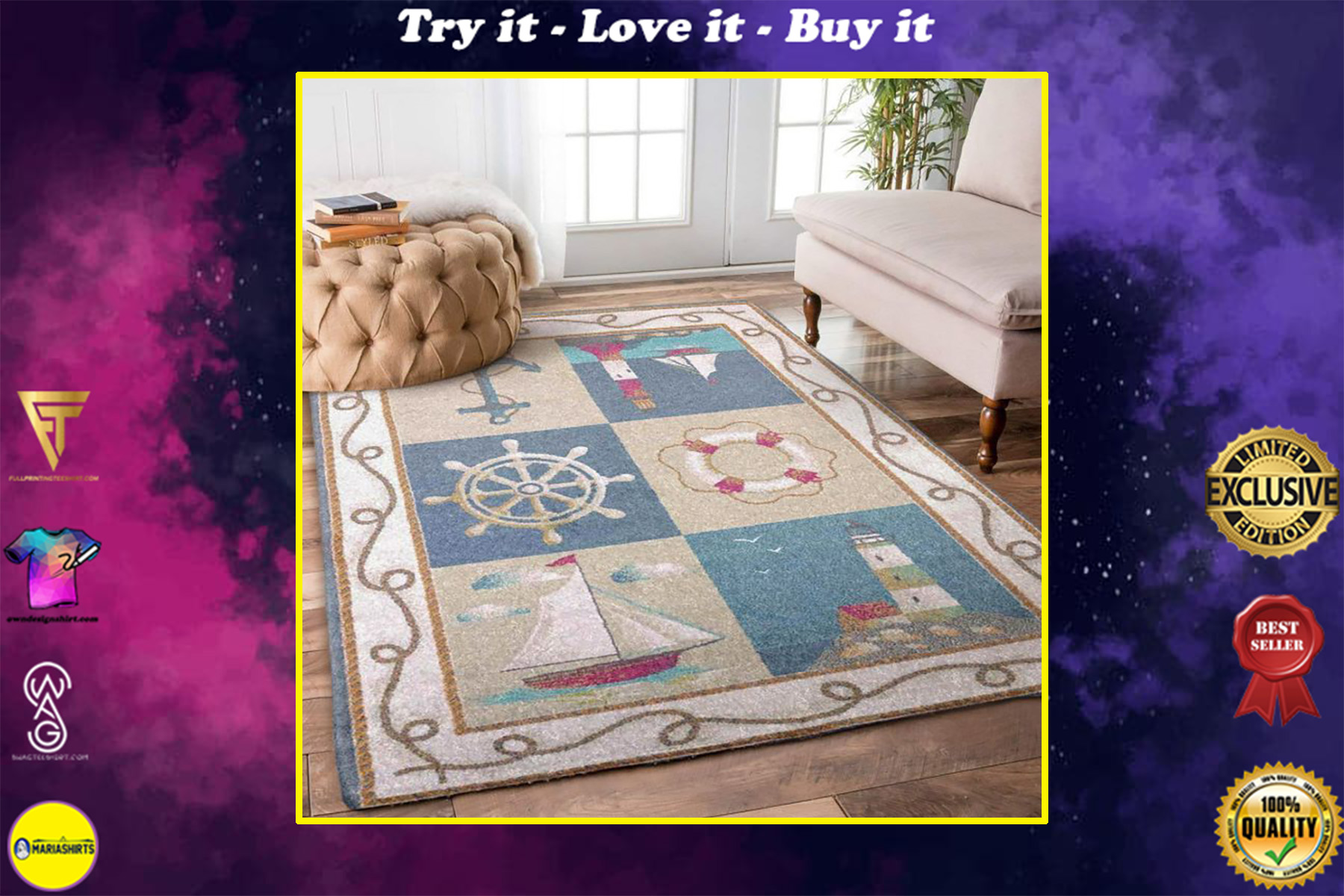 vintage anchor sailboat lighthouse all over printed rug