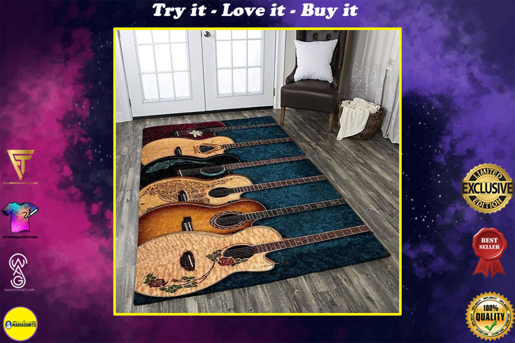 vintage guitar fan all over printed rug