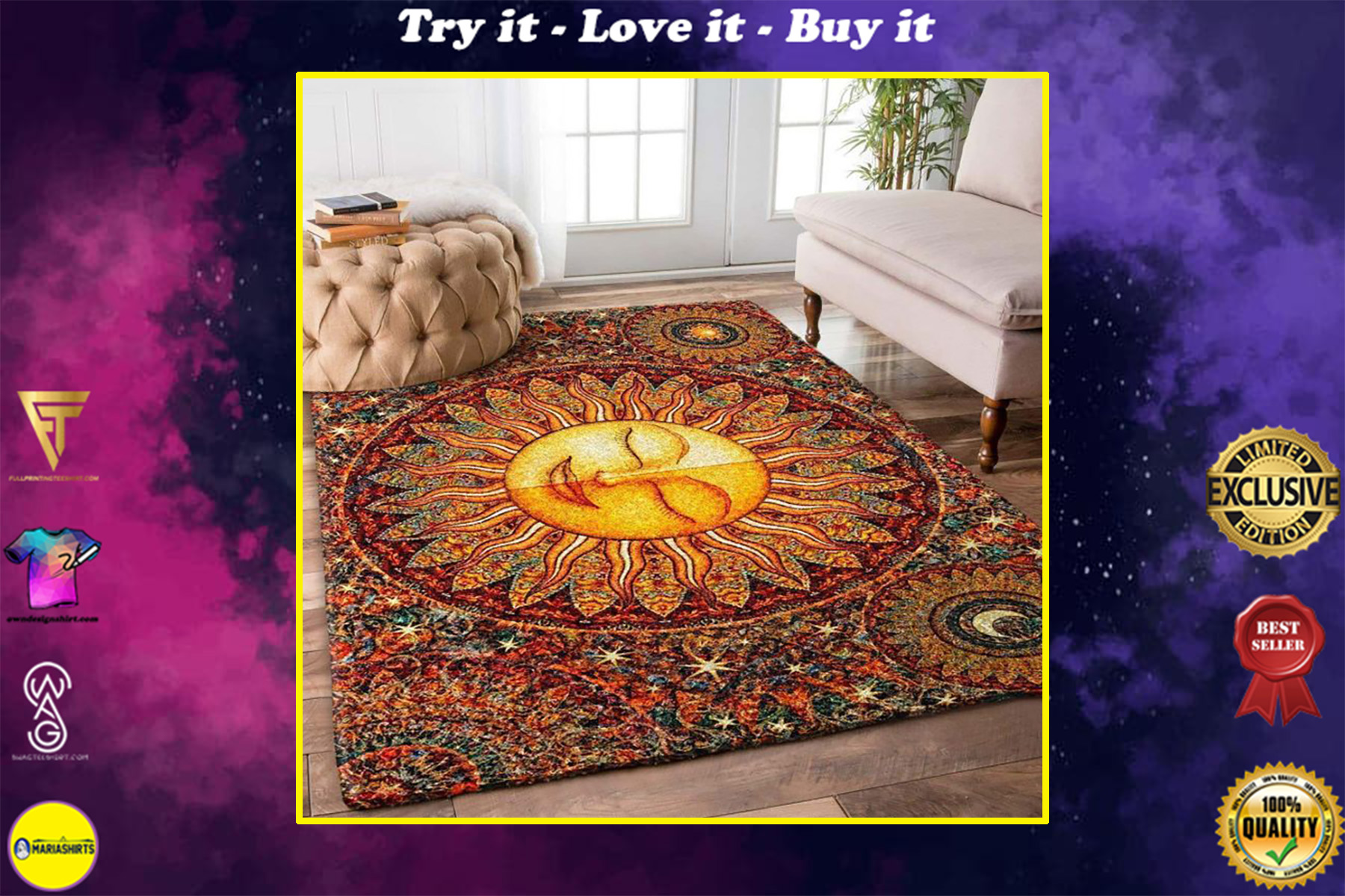 vintage hippie sun all over printed rug