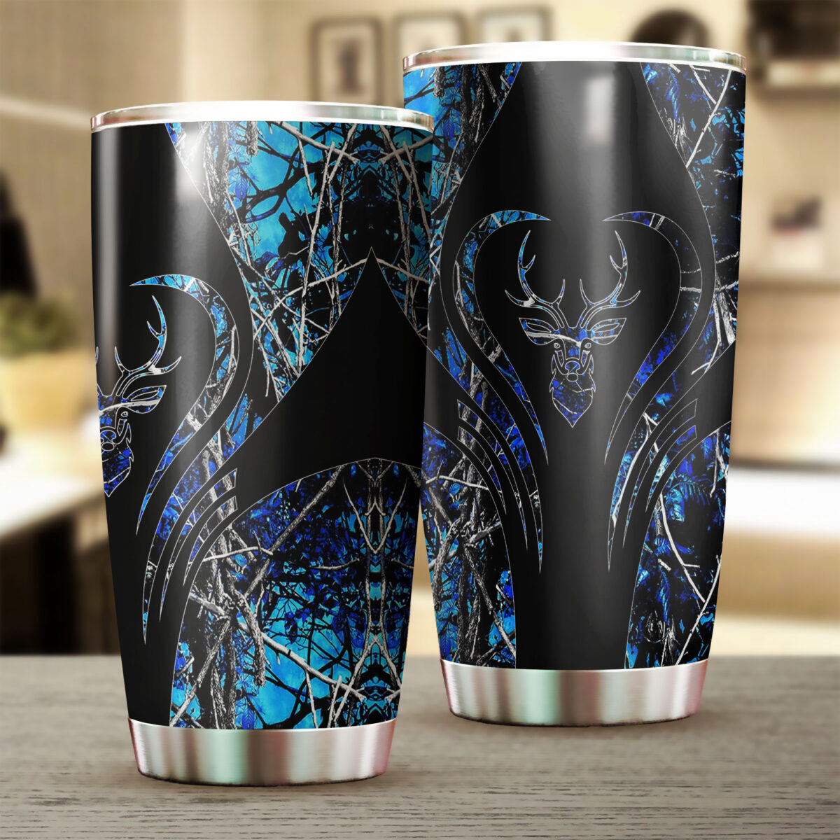 deer hunting camo blue heart all over print stainless steel tumbler 2