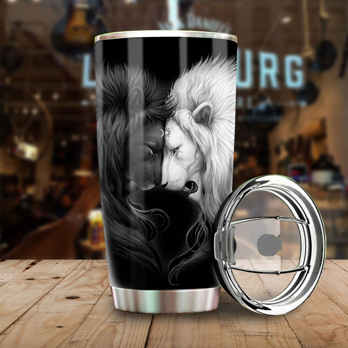 lion black and white all over print stainless steel tumbler 2