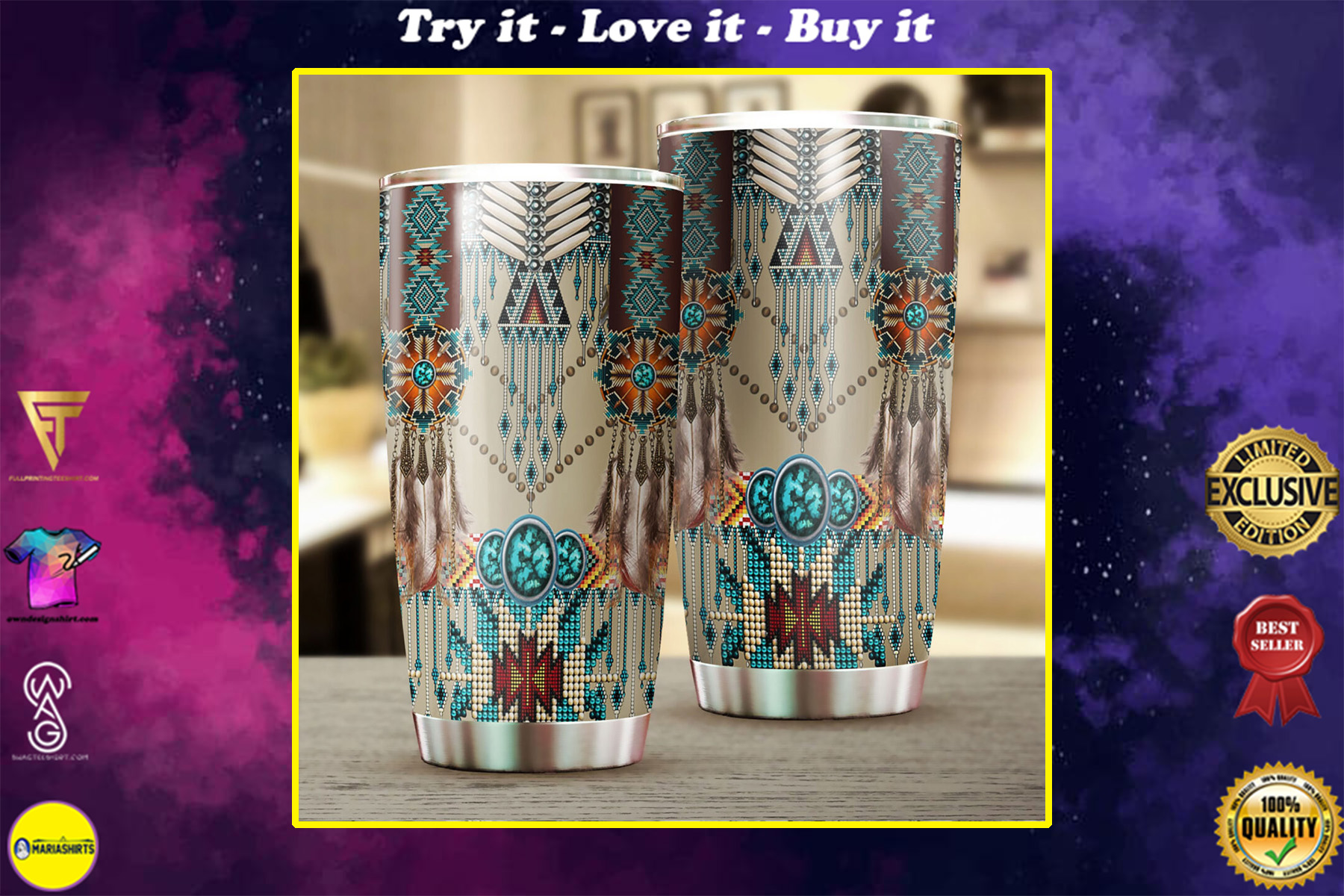 native american art all over print stainless steel tumbler