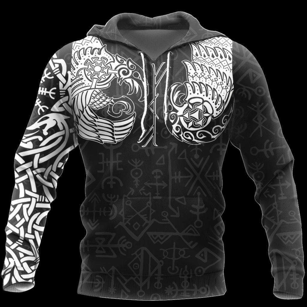 viking thor hammer and raven all over printed shirt 1