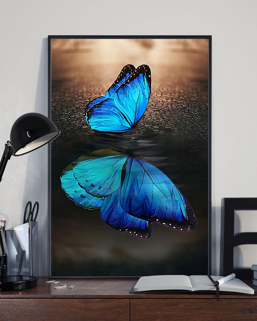 blue butterfly on water reflection wall art poster 2
