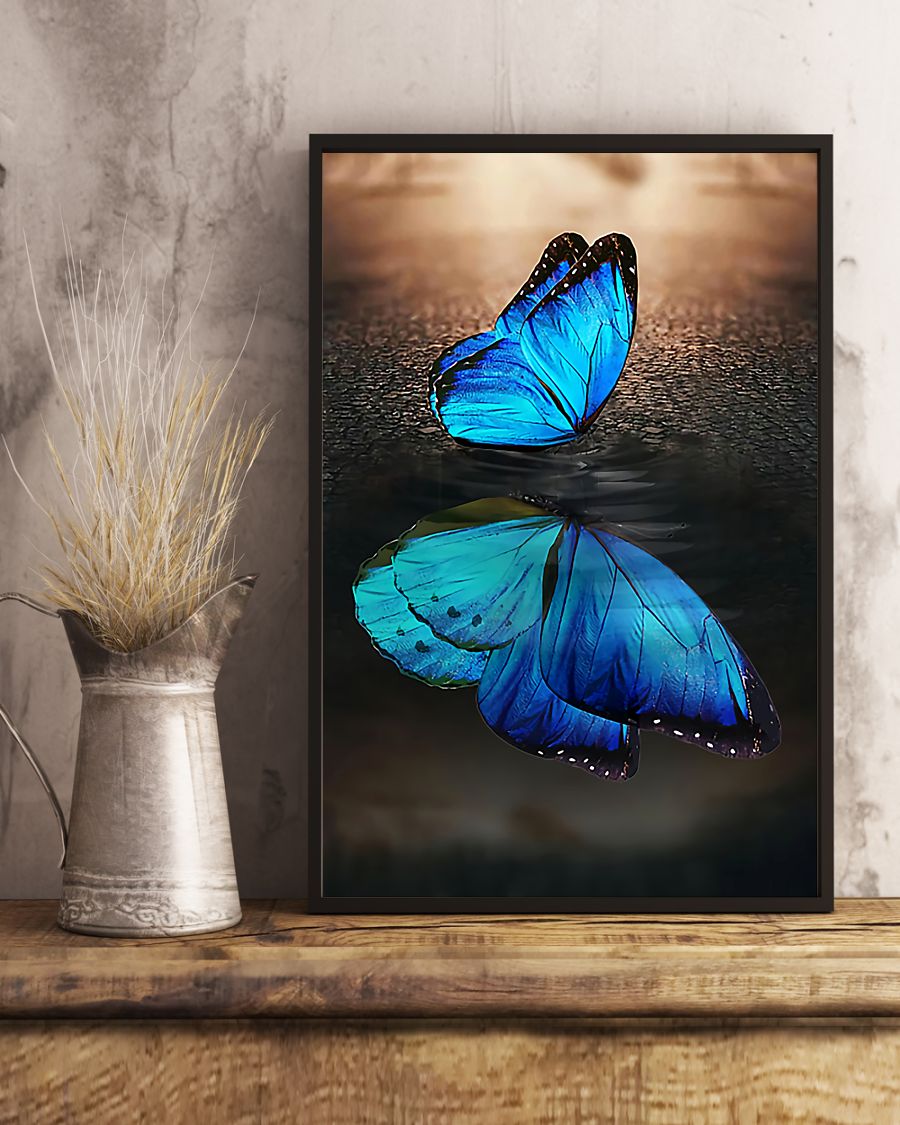 blue butterfly on water reflection wall art poster 4