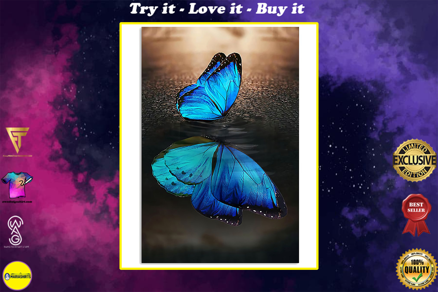 blue butterfly on water reflection wall art poster