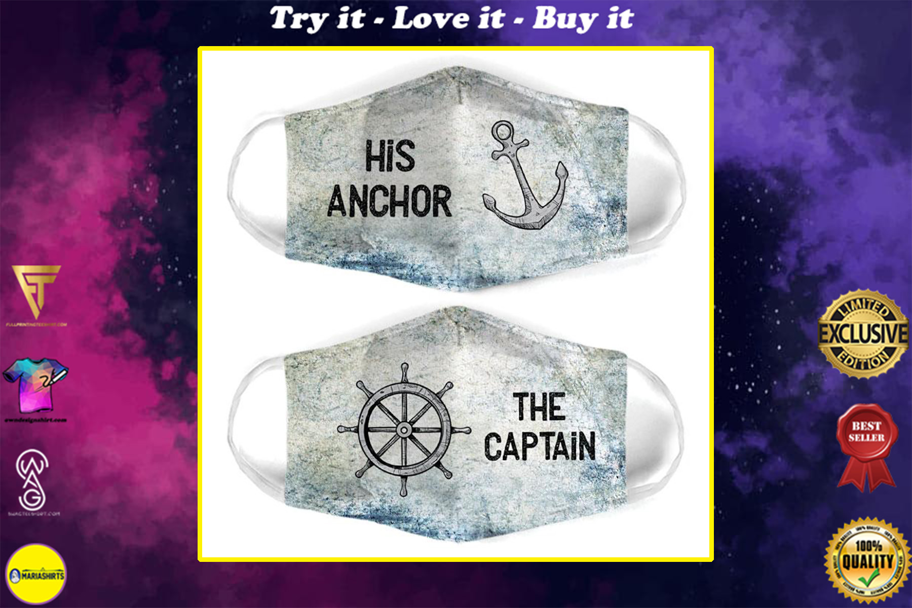 captain and anchor couple the captain all over print face mask