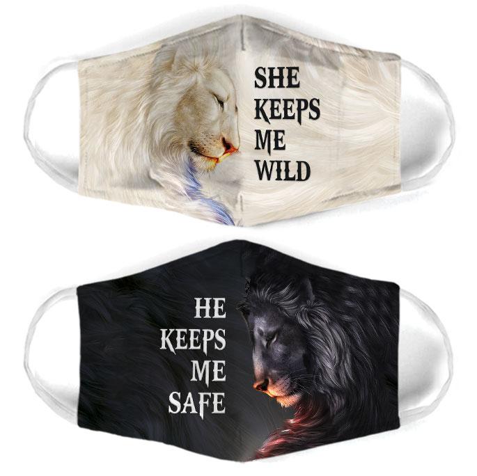 for couple lion he keeps me safe all over print face mask 1