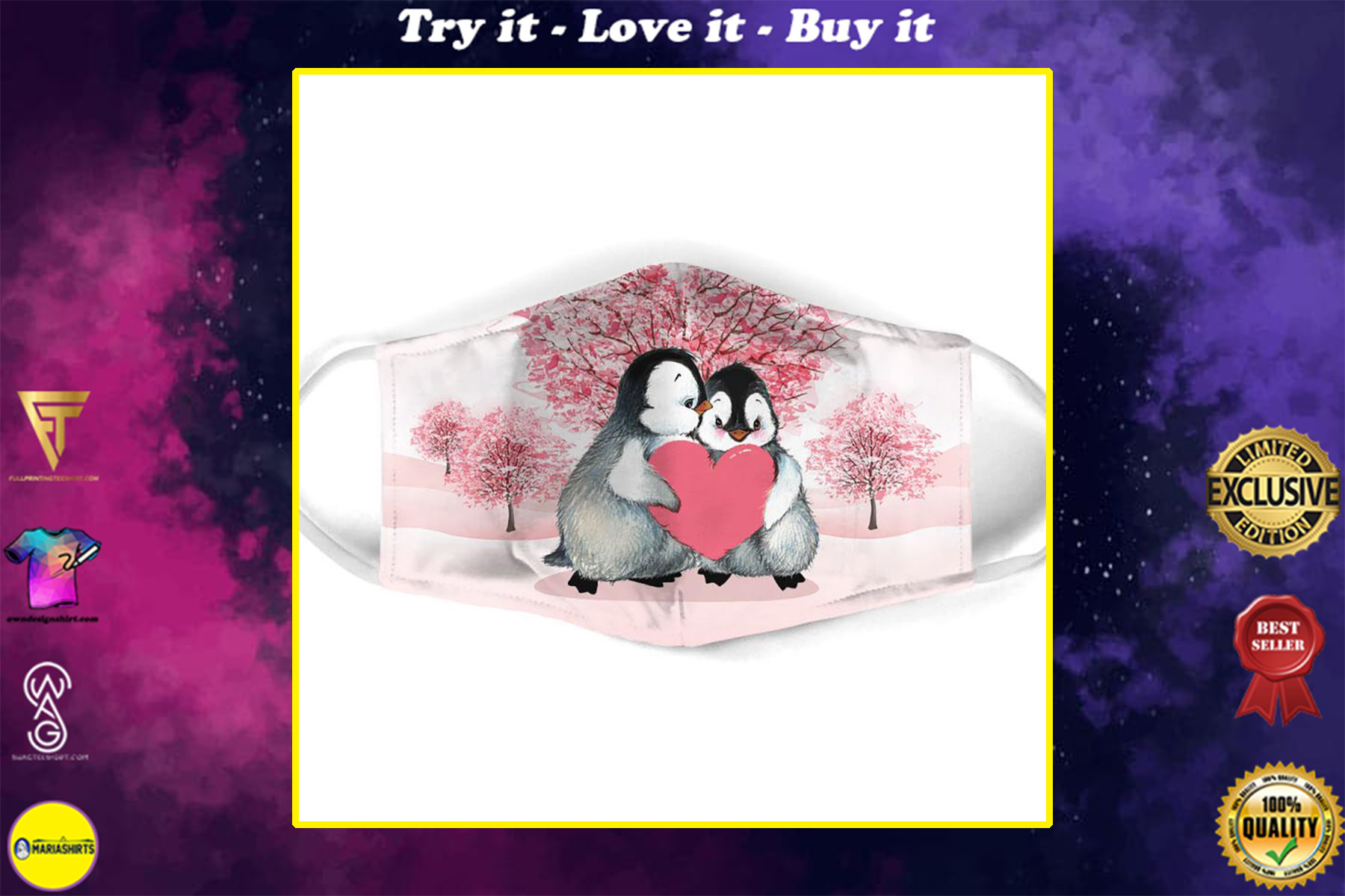 penguin couple love all over print face mask